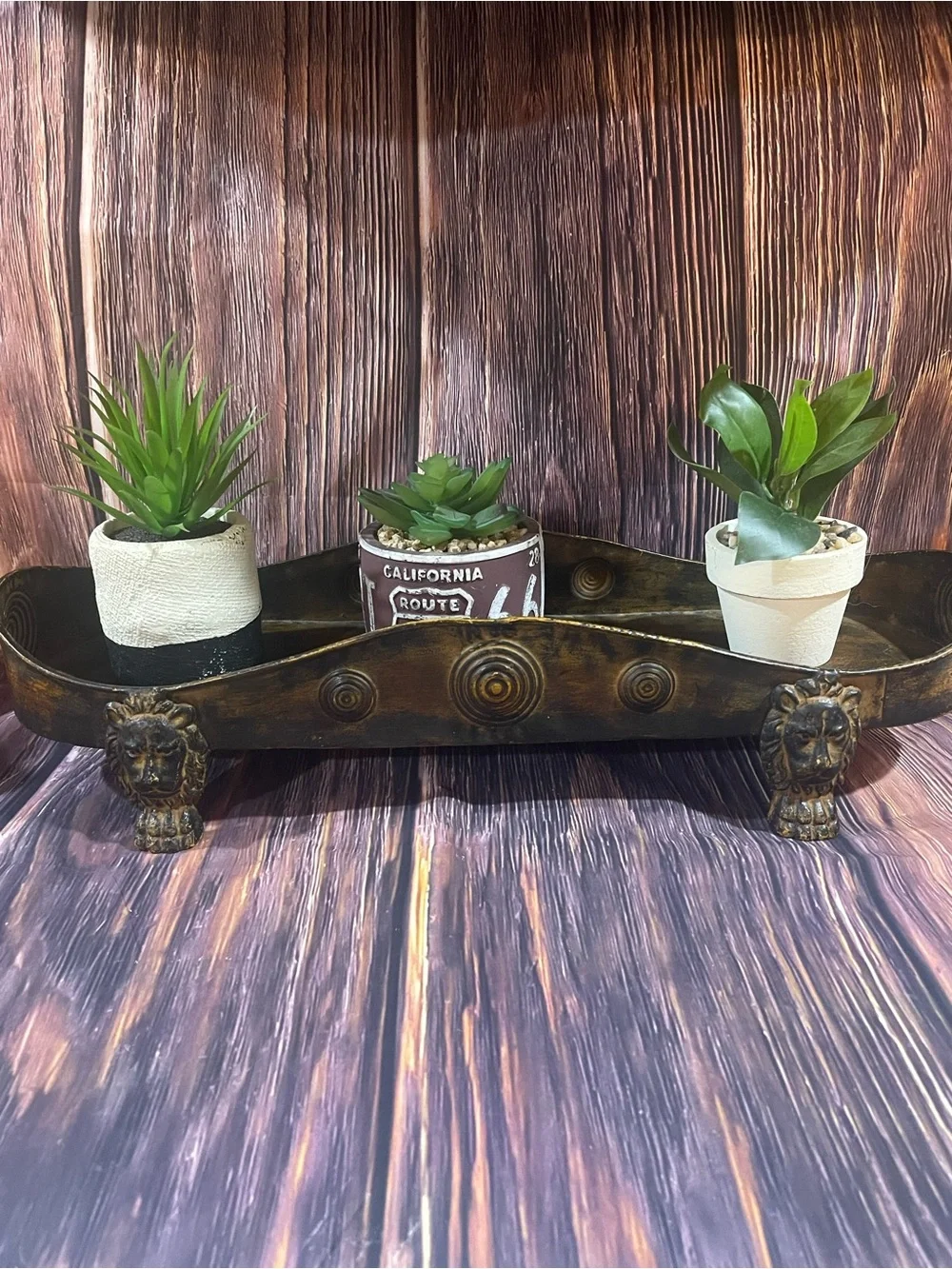 Gold Plated Steel Vtg Lion Footed Planter/decor with 3 artificial planters